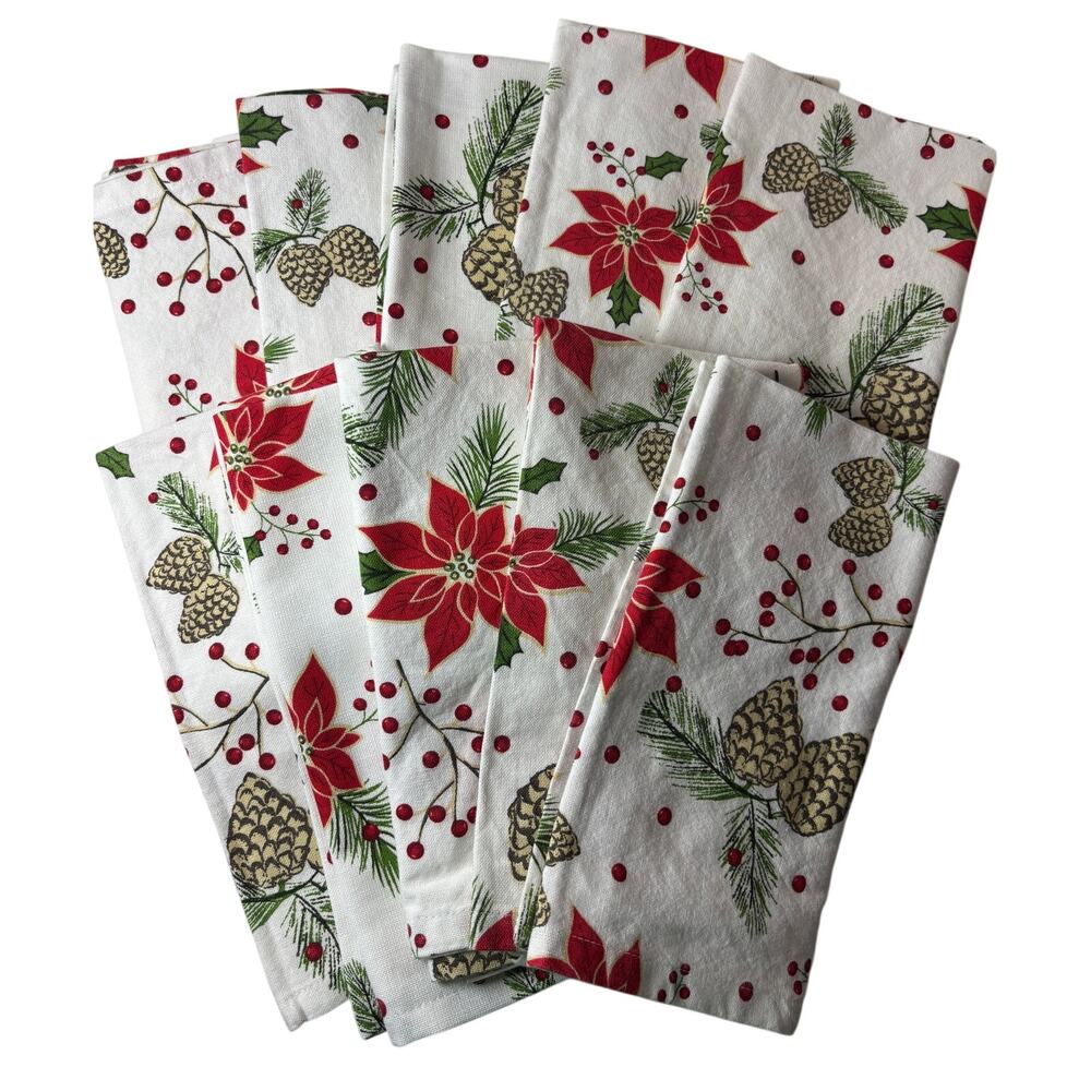 Urban Villa Christmas Cloth Napkins Set of 10 Poinsettia Pinecone Cotton Holiday